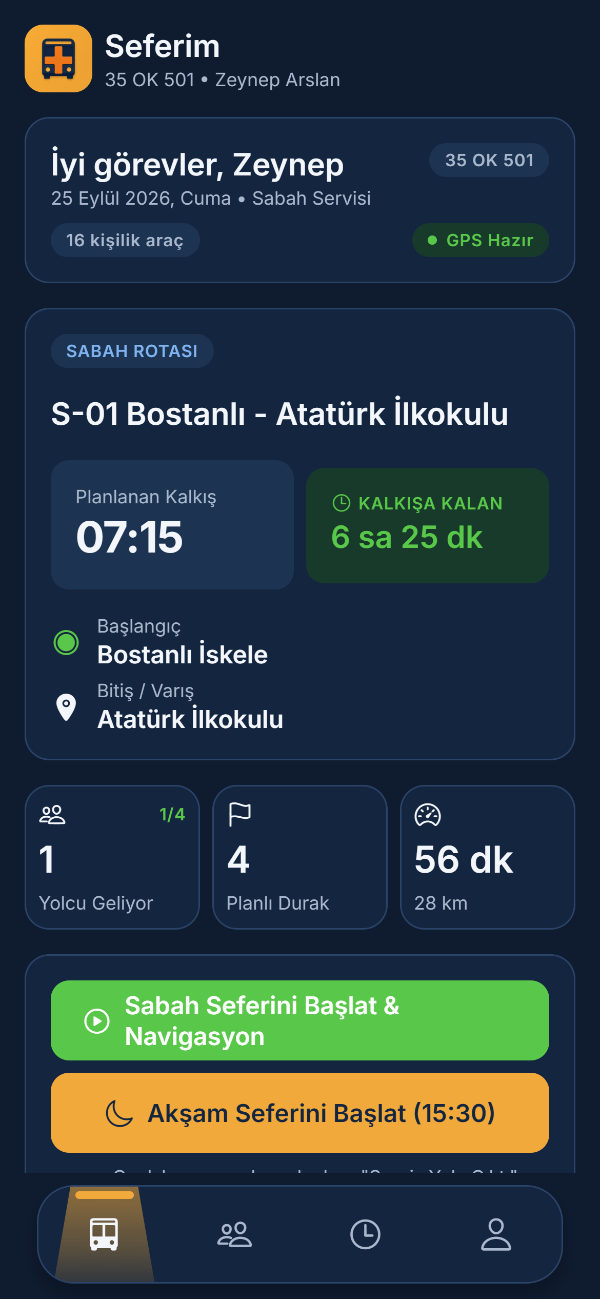 Şoför ve hostes uygulaması sefer ekranı