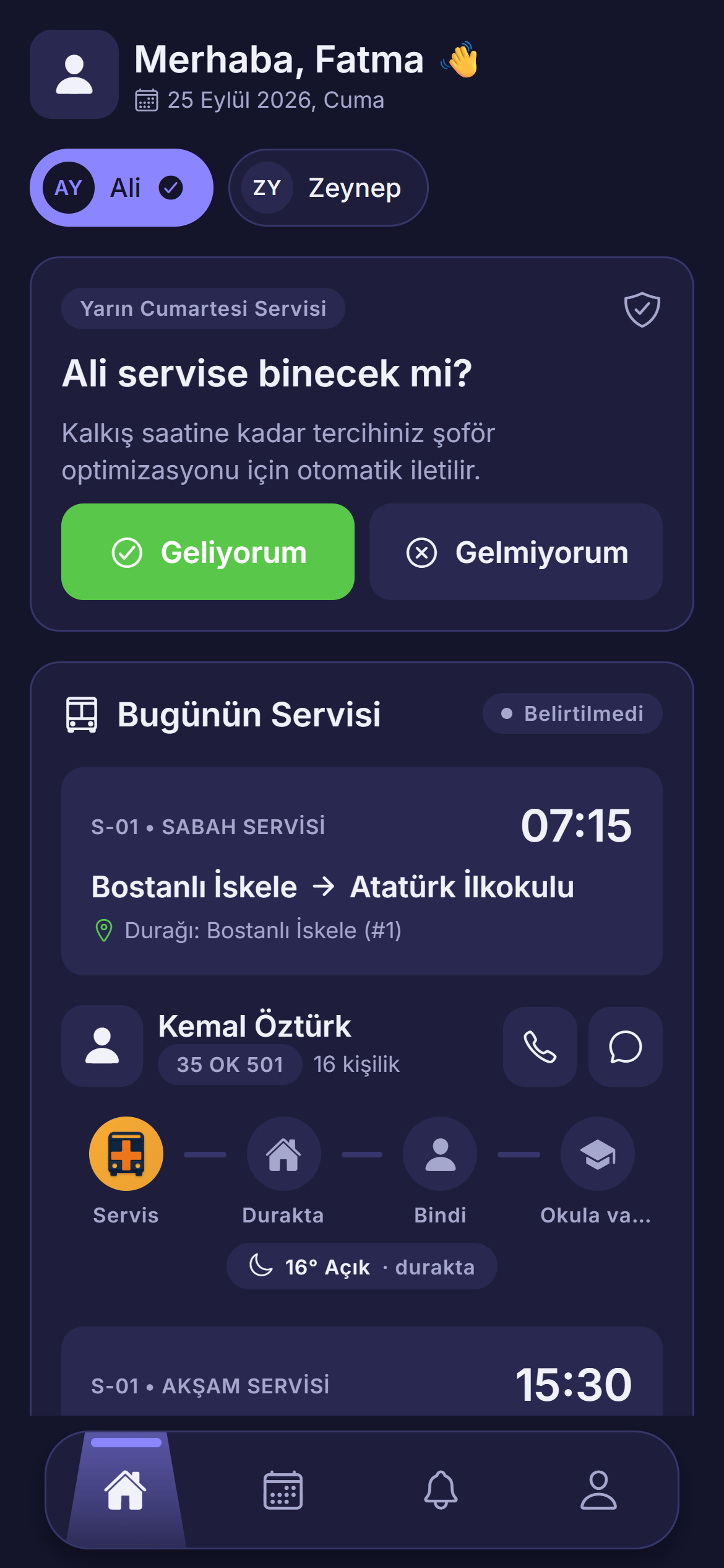Veli uygulaması: çocuğun servis durumu ve biniş adımları