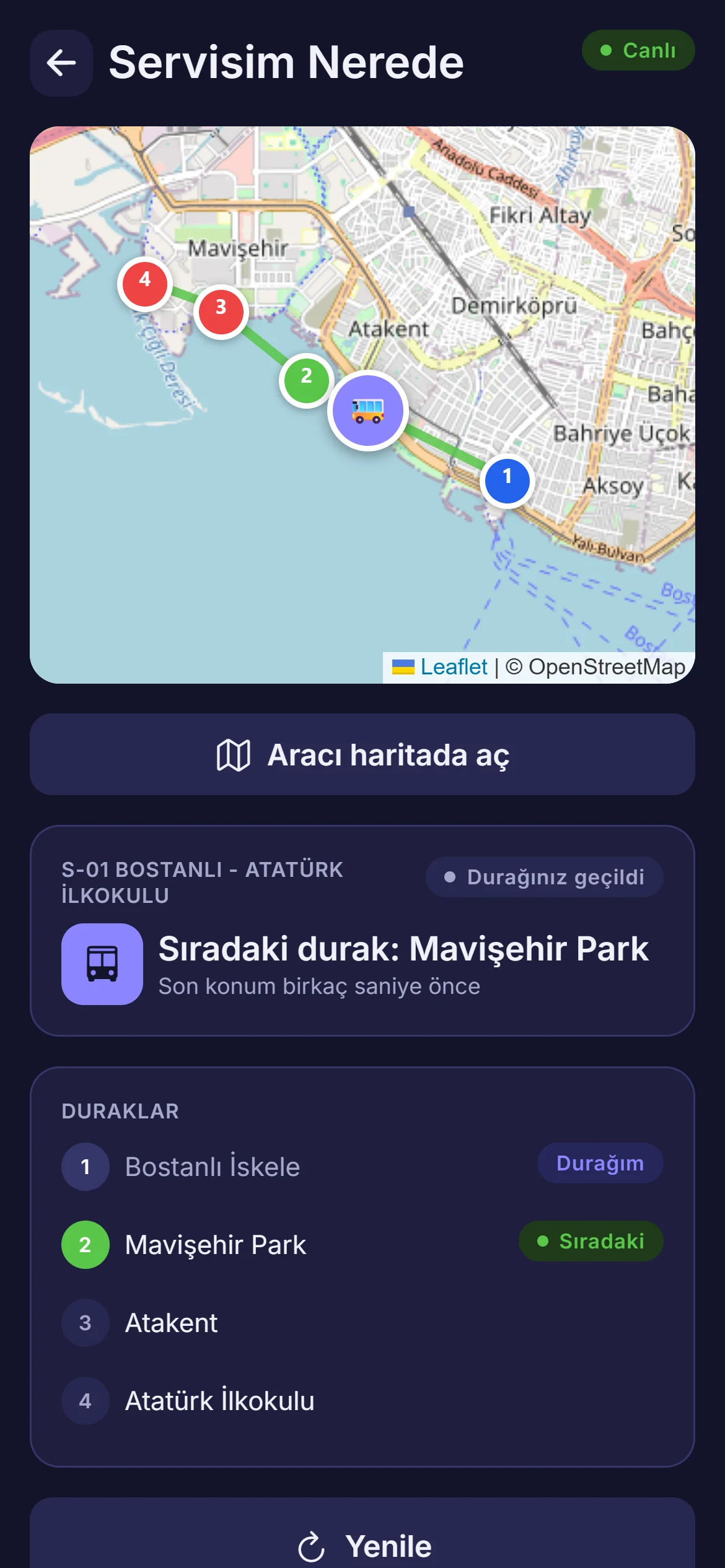Veli uygulamasında servisin canlı konumu